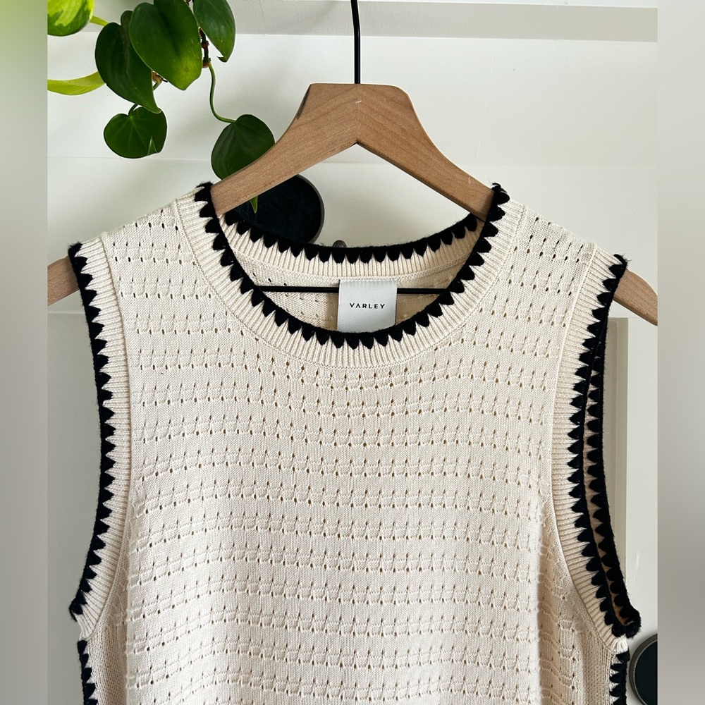 Varley Dwight Tank Knit Dress Cream Black Trim Cotton Midi Minimalist - Picture 4 of 12